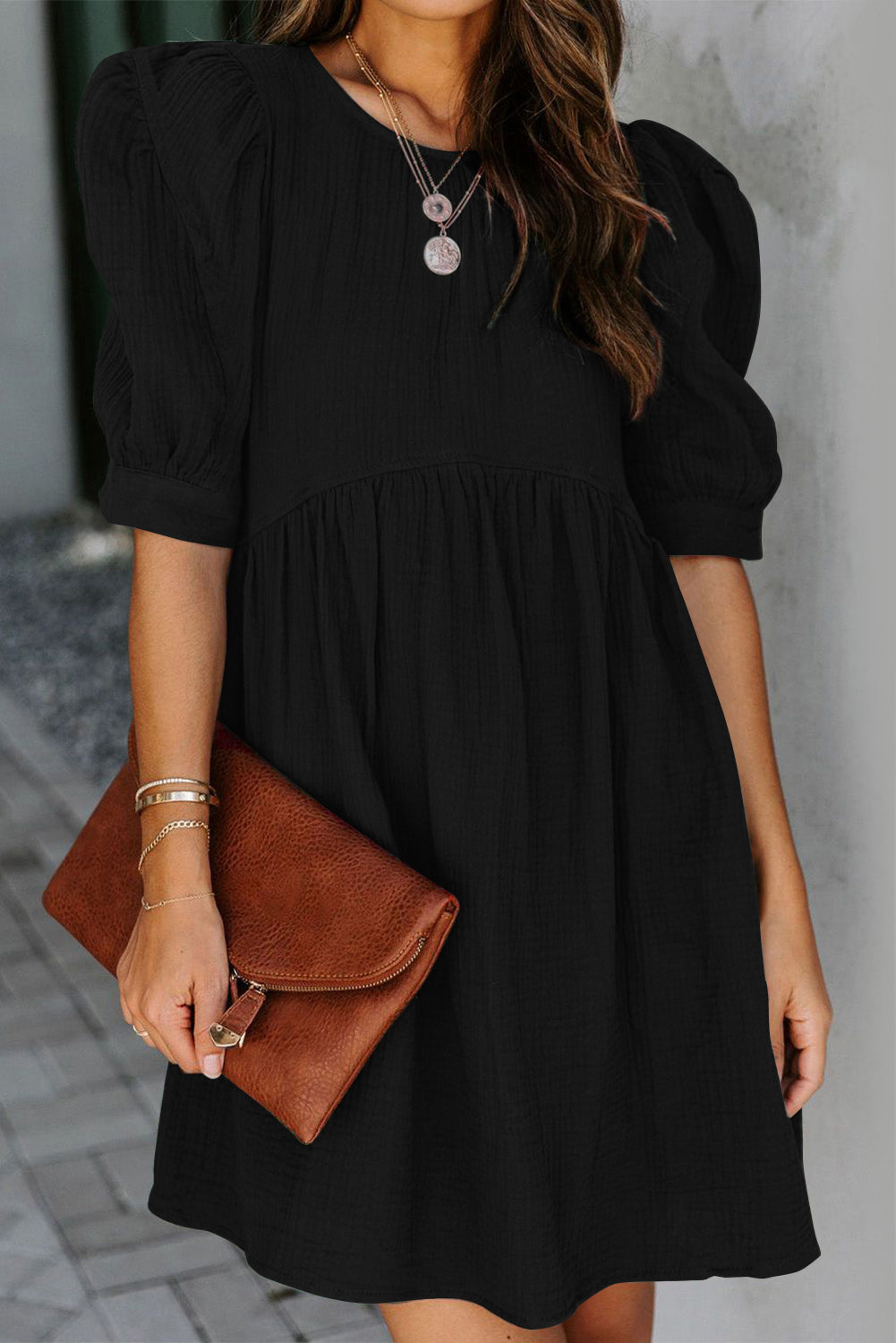 Pocketed Puff Sleeve Empire Waist Swing Short Dress shoppamscloset Pocketed Puff Sleeve Empire Waist Swing Short Dress shoppamscloset