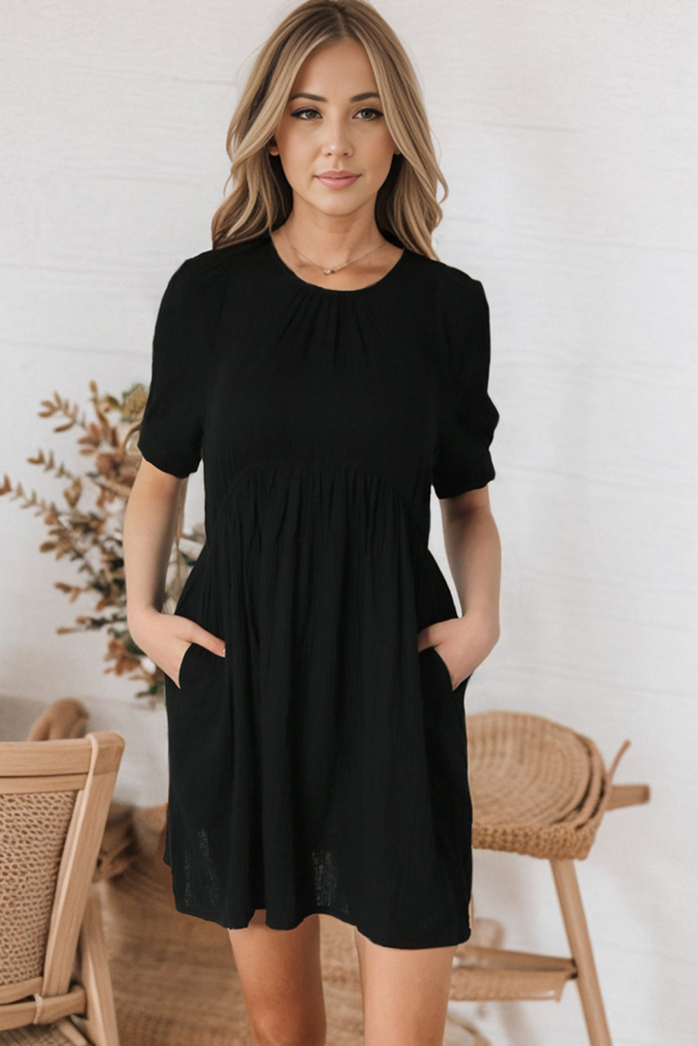 Pocketed Puff Sleeve Empire Waist Swing Short Dress shoppamscloset Pocketed Puff Sleeve Empire Waist Swing Short Dress shoppamscloset