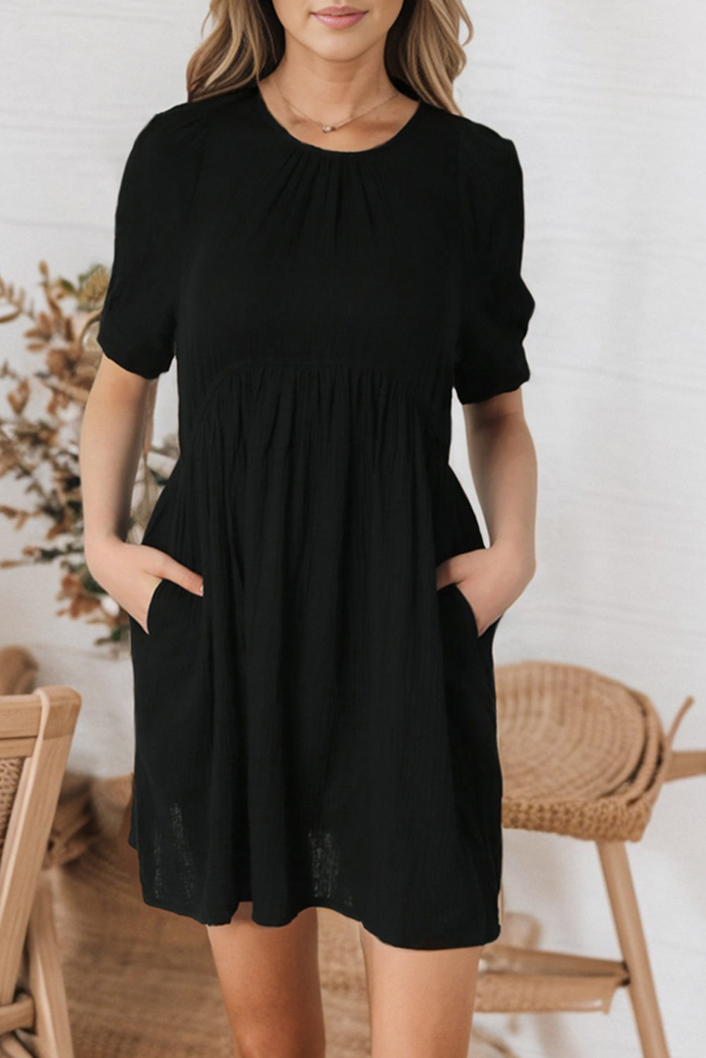 Pocketed Puff Sleeve Empire Waist Swing Short Dress