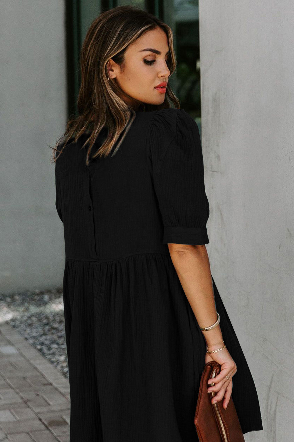 Pocketed Puff Sleeve Empire Waist Swing Short Dress shoppamscloset Pocketed Puff Sleeve Empire Waist Swing Short Dress shoppamscloset