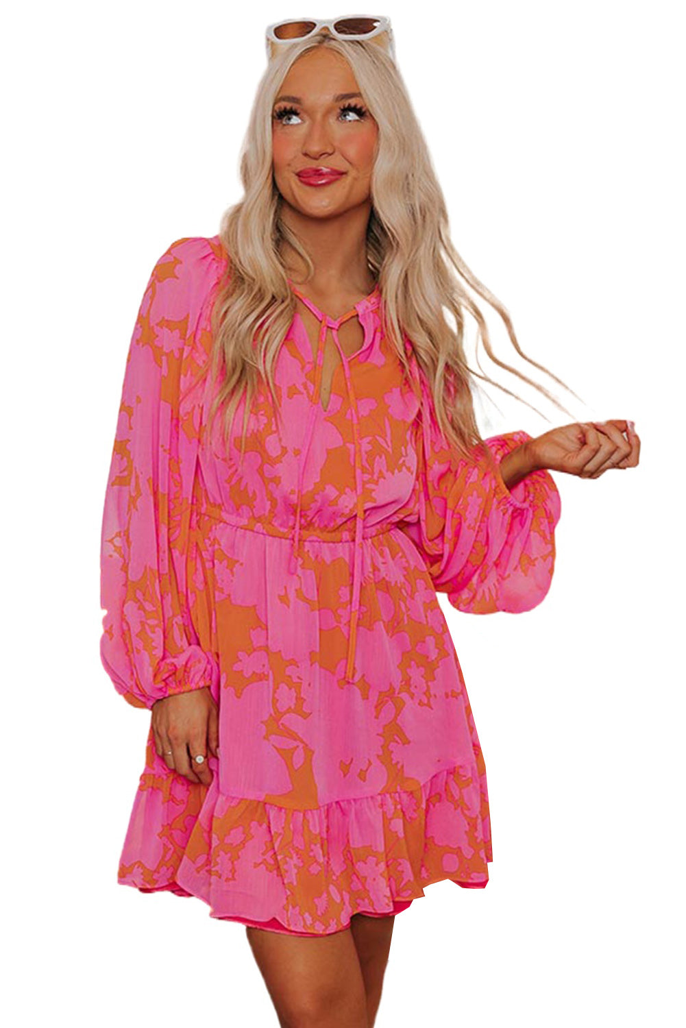 Abstract Printed Puff Sleeve Ruffle Flowy Dress